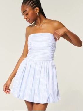 Hollister Strapless Ruched Bubble Skort Dress Lt Blue & White Stripe XS Tall NWT